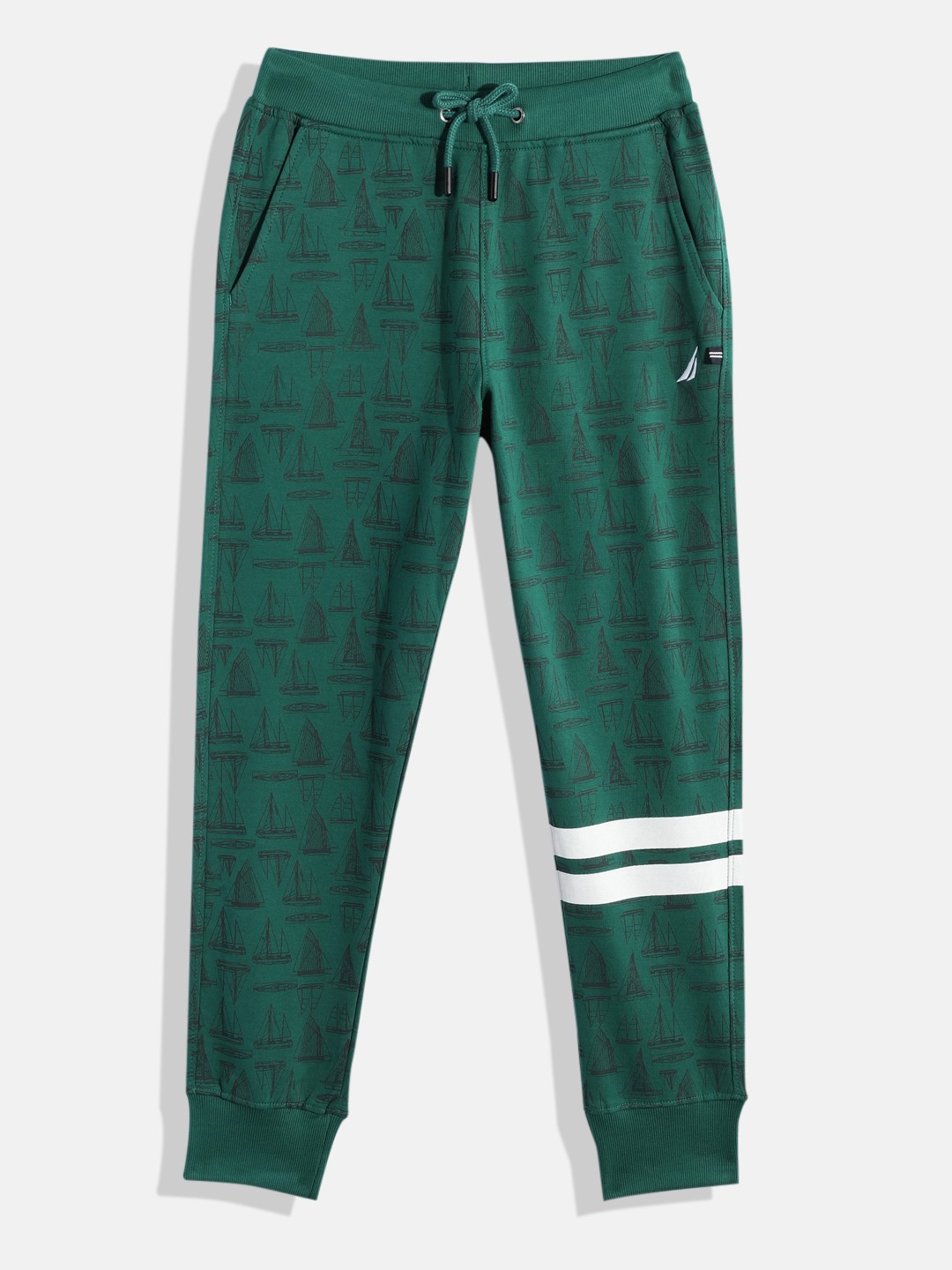 

Nautica Boys Conversational Print Mid-Rise Knitted Pure Cotton Joggers With Striped Detail, Green