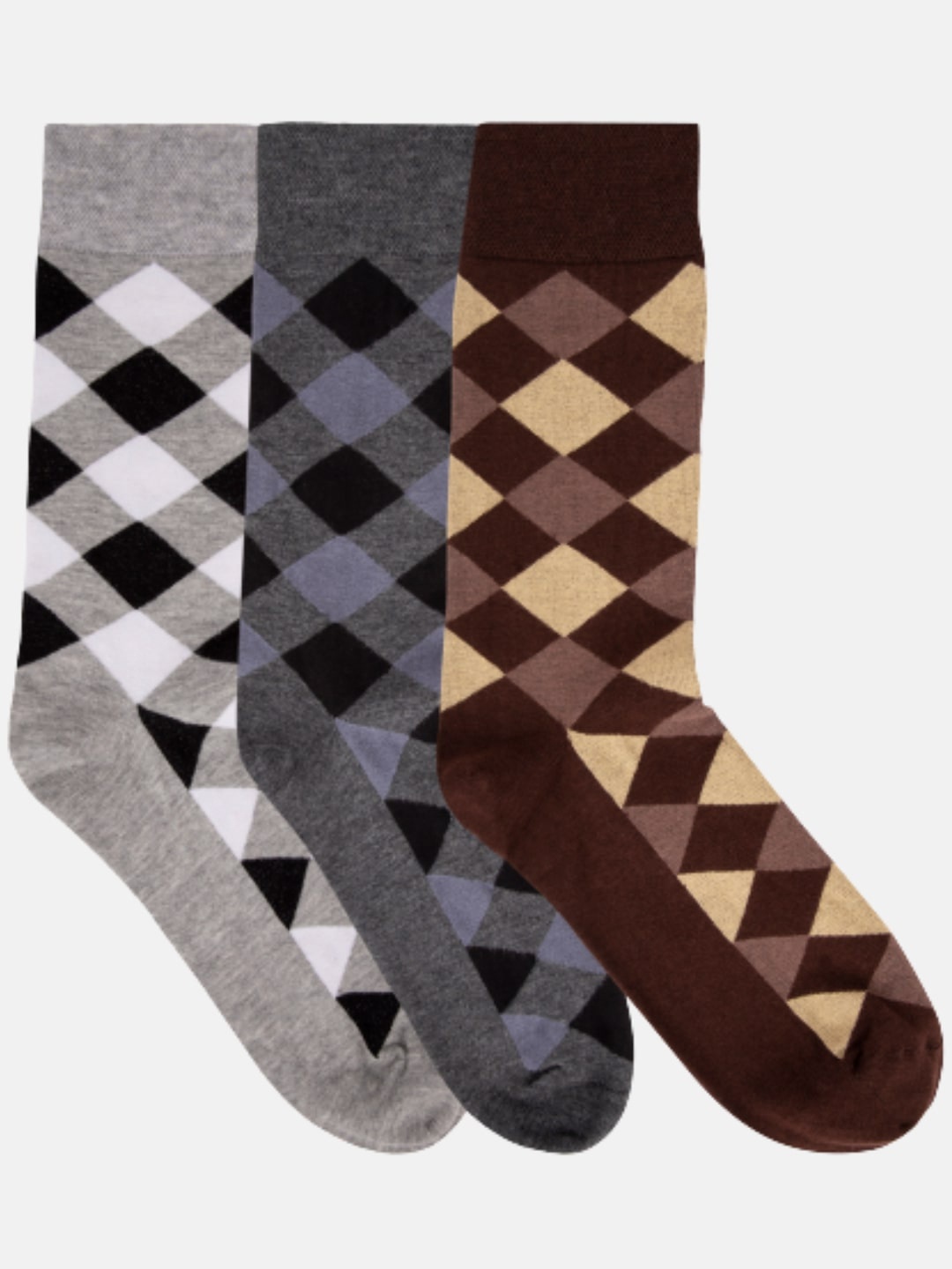 

N2S NEXT2SKIN Men Grey & Brown Pack Of 3 Checked Calf Length Cotton Socks
