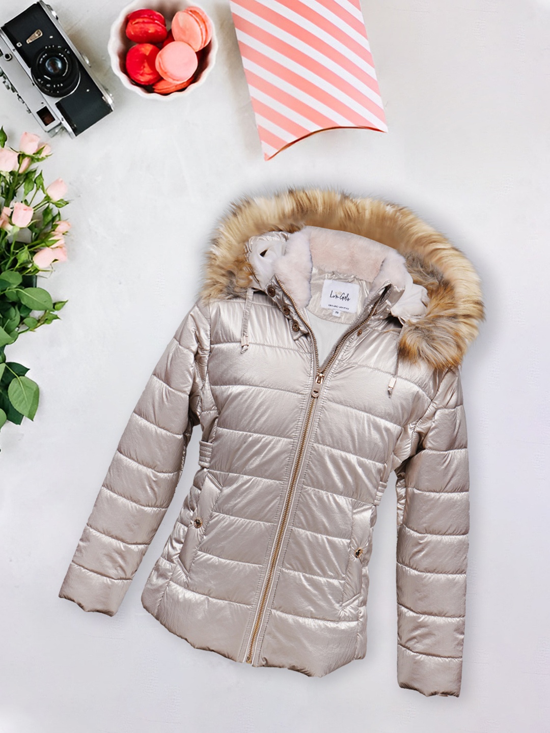 

LURE JUNIOR Girls Gold Toned Hooded Long Sleeves Outdoor Parka Jacket