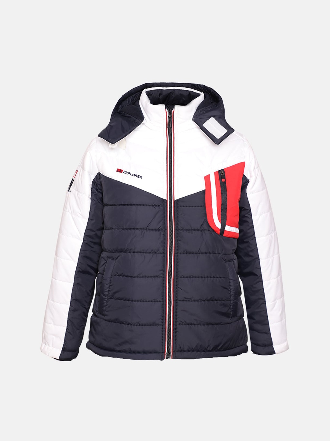 

LURE JUNIOR Boys White And Navy Blue Colourblocked Hooded Outdoor Quilted Jacket