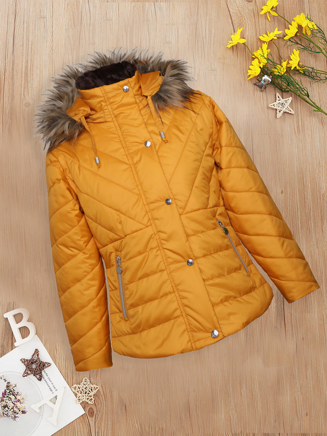 

LURE JUNIOR Girls Mango Yellow Solid Hooded Longline Outdoor Padded Jacket