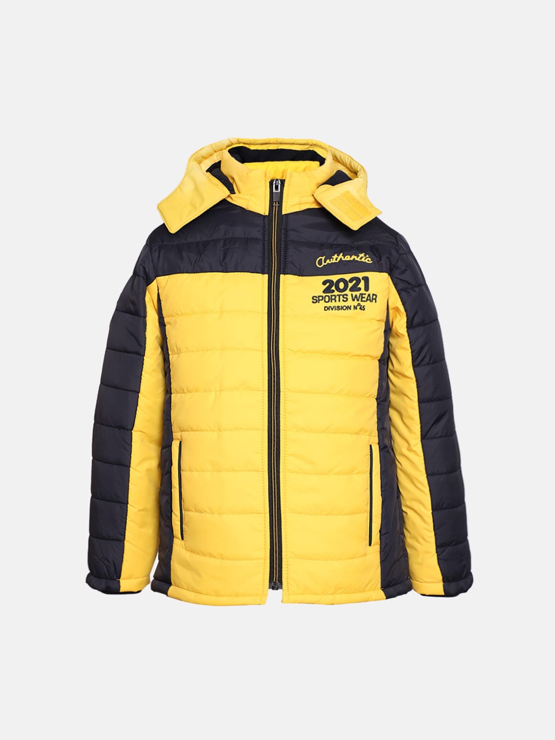 

LURE JUNIOR Boys Yellow And Navy Blue Colourblocked Hooded Outdoor Puffer Jacket