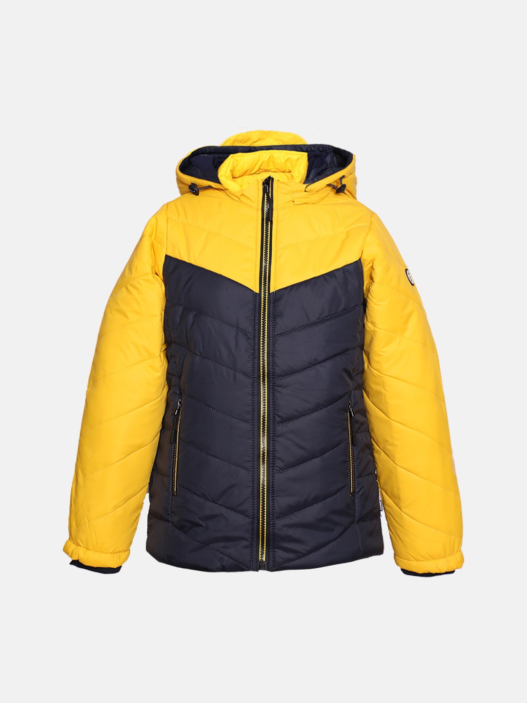 

LURE JUNIOR Boys Yellow And Navy Blue Colourblocked Hooded Outdoor Puffer Jacket