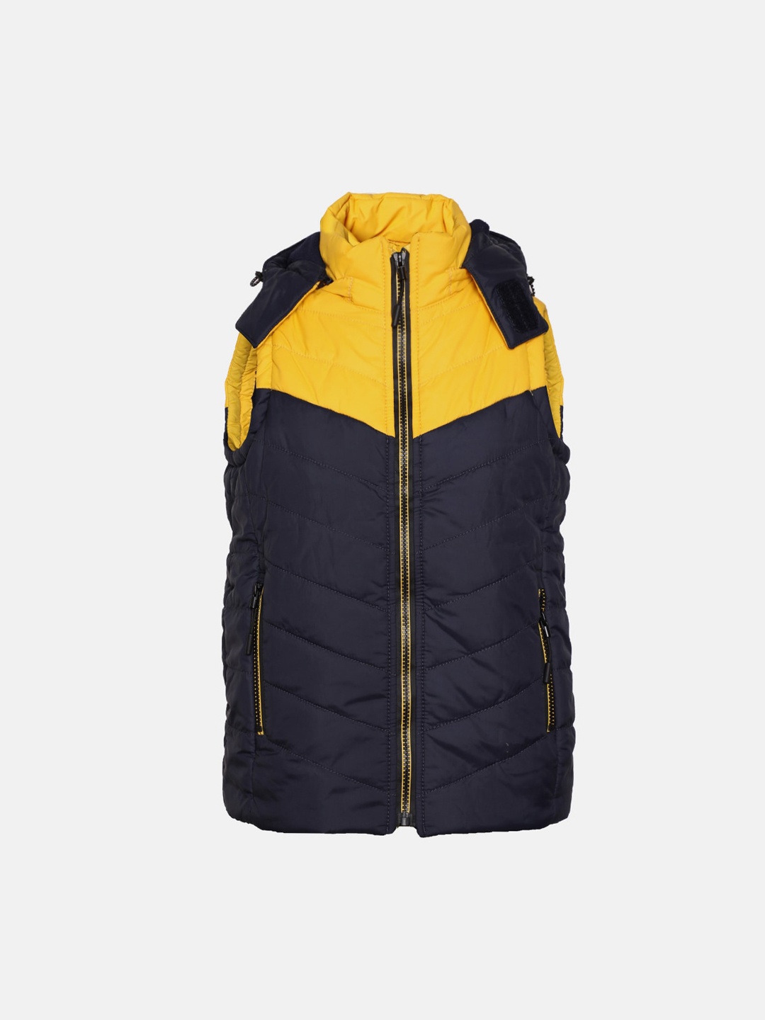 

LURE JUNIOR Boys Yellow And Navy Blue Hooded Sleeveless Crop Outdoor Puffer Jacket