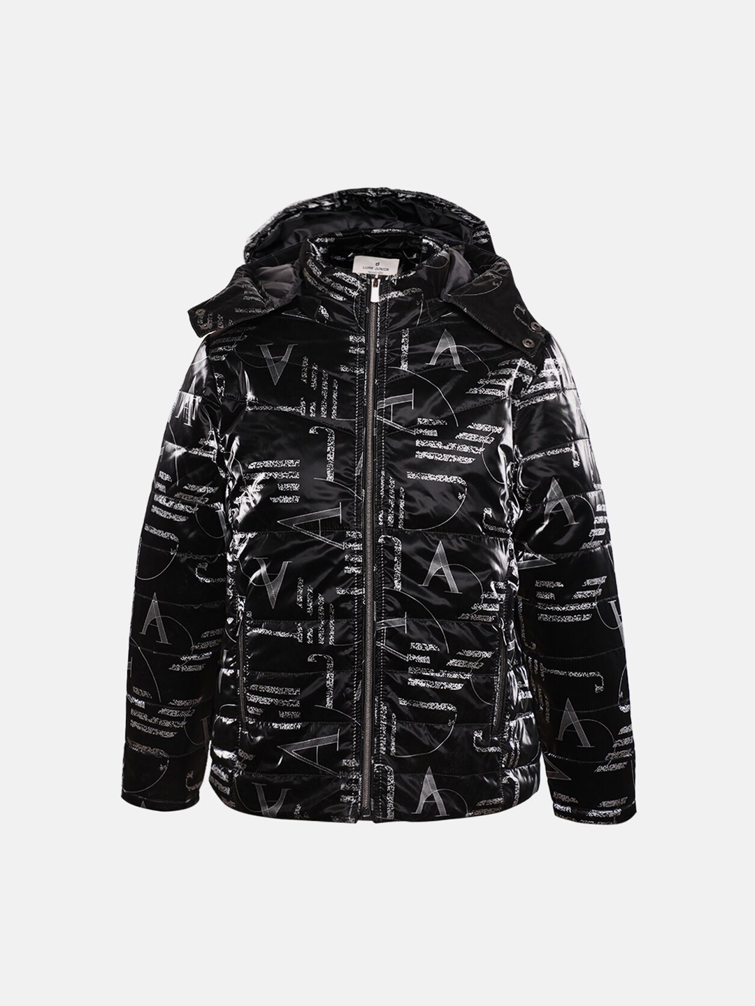

LURE JUNIOR Boys Black Printed Hooded Puffer Jacket