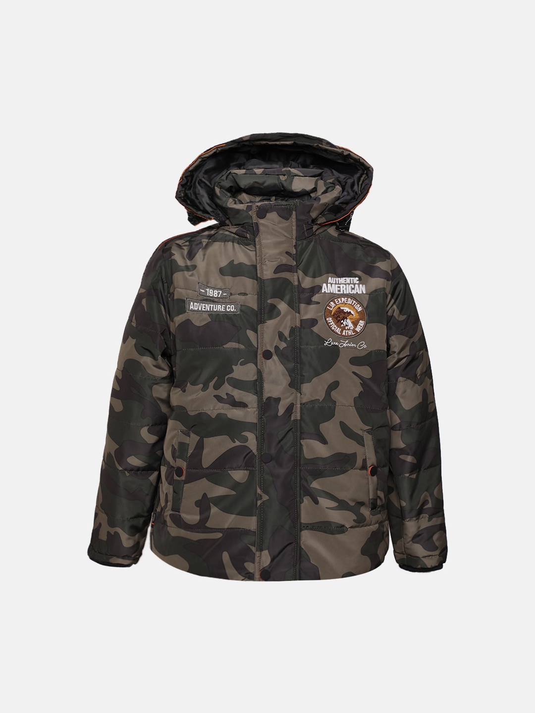 

LURE JUNIOR Boys Green Camouflage Printed Hooded Puffer Jacket