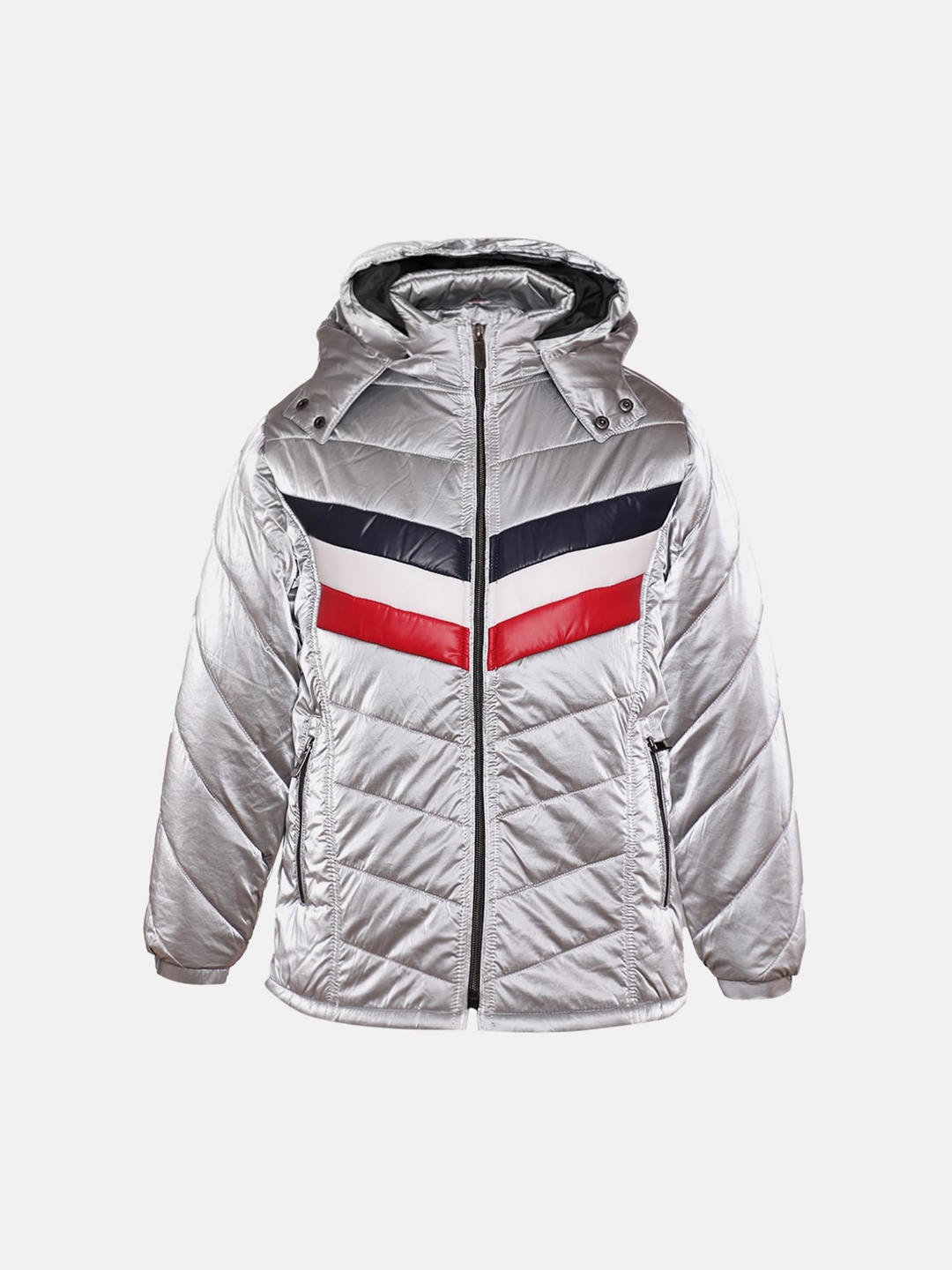 

LURE JUNIOR Boys Silver-Toned Colourblocked Hooded Puffer Jacket