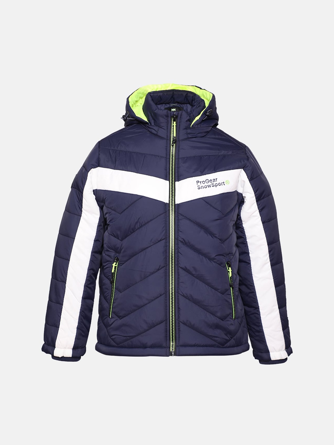 

LURE JUNIOR Boys Navy Blue & Fluorescent Green Colourblocked Hooded Puffer Jacket