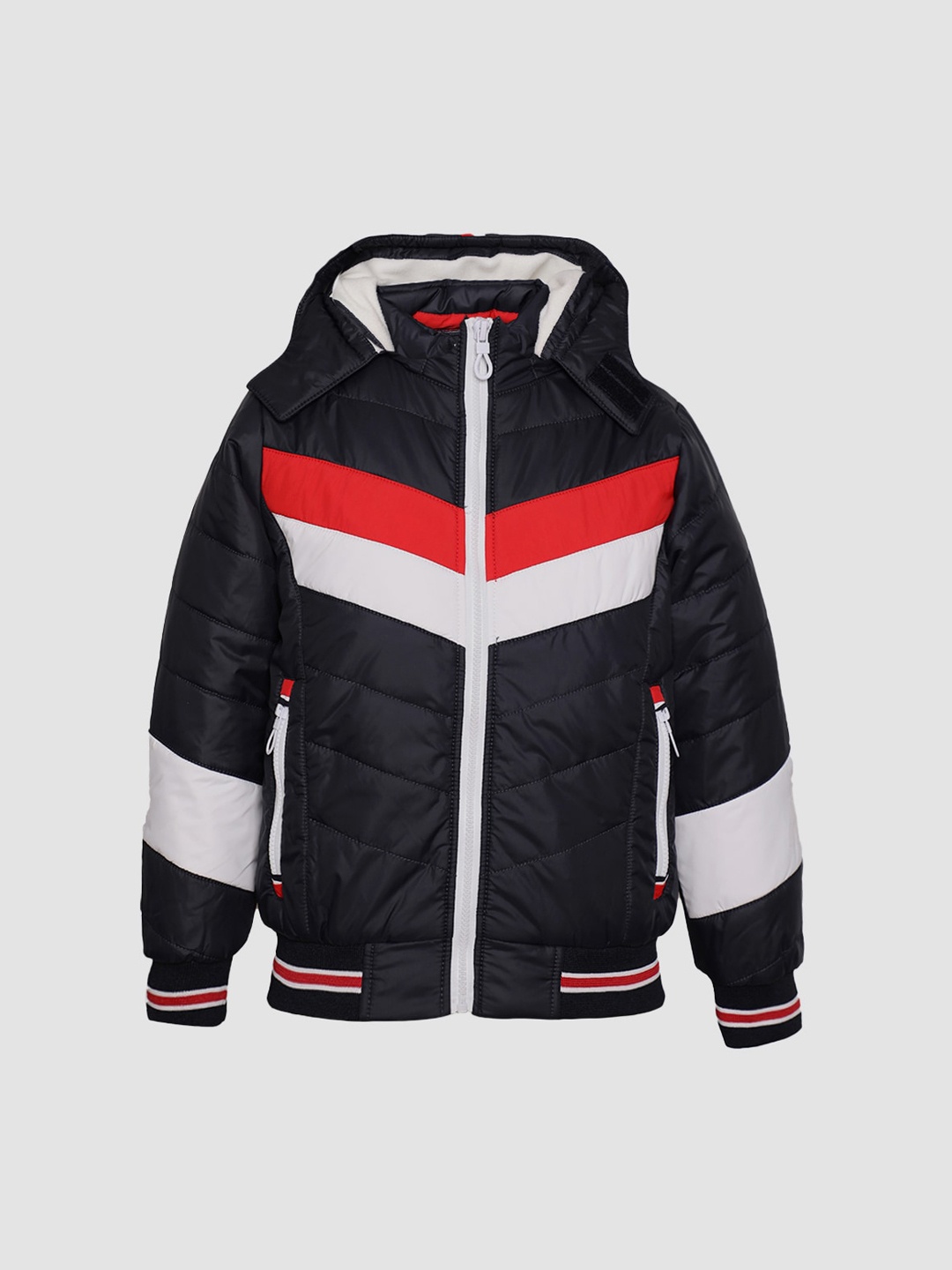 

LURE JUNIOR Boys Navy Blue Colourblocked Hooded Puffer Jacket