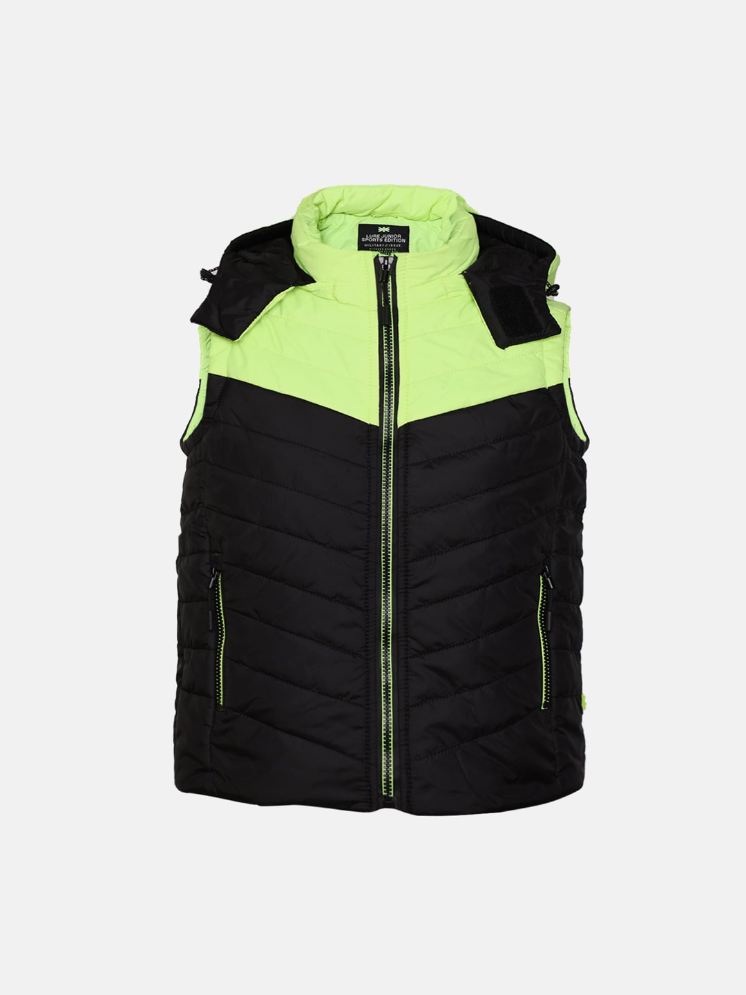 

LURE JUNIOR Boys Fluorescent Green Black Colourblocked Outdoor Puffer Jacket