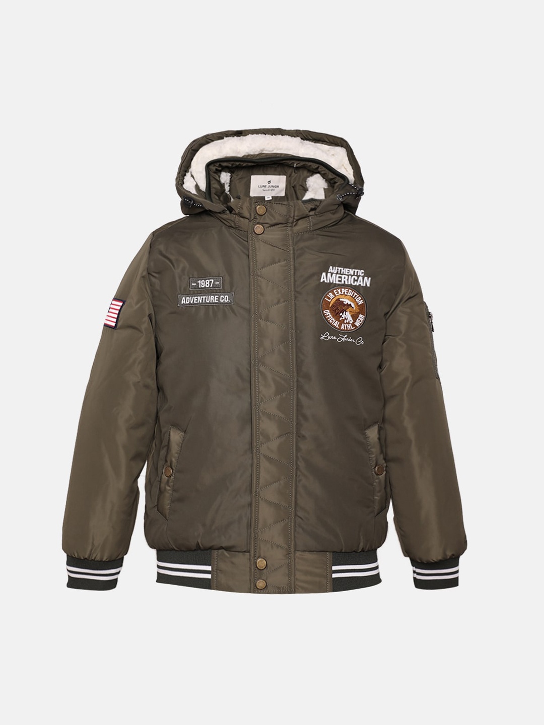 

LURE JUNIOR Boys Olive Green Outdoor Open Front Jacket with Embroidered