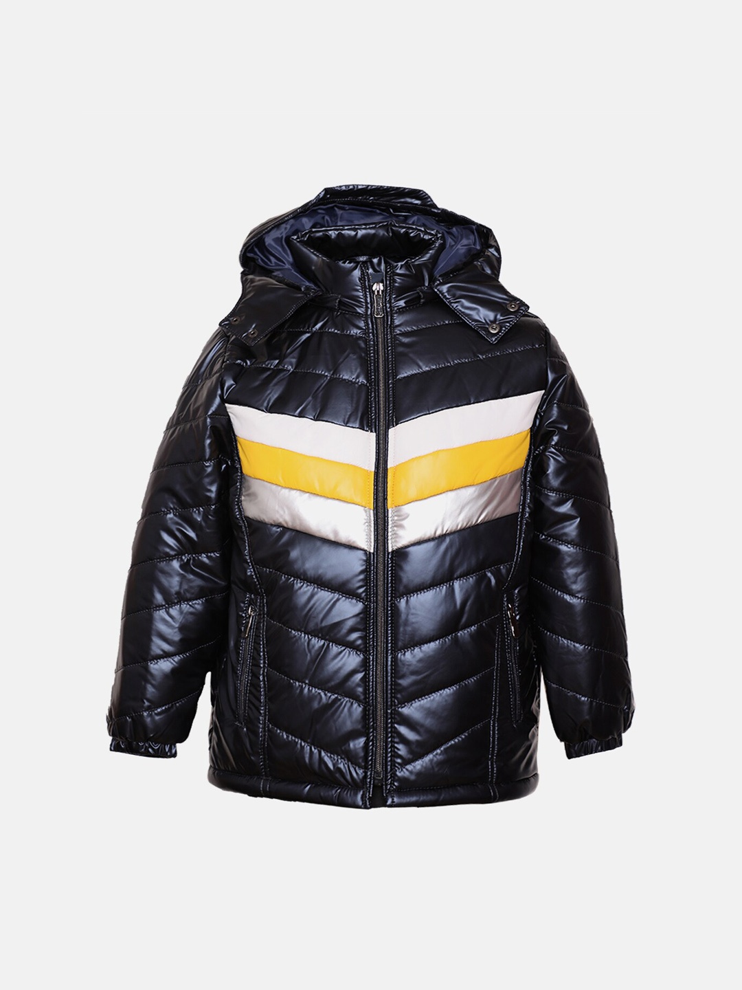 

LURE JUNIOR Boys Navy Blue Yellow Colourblocked Outdoor Puffer Jacket