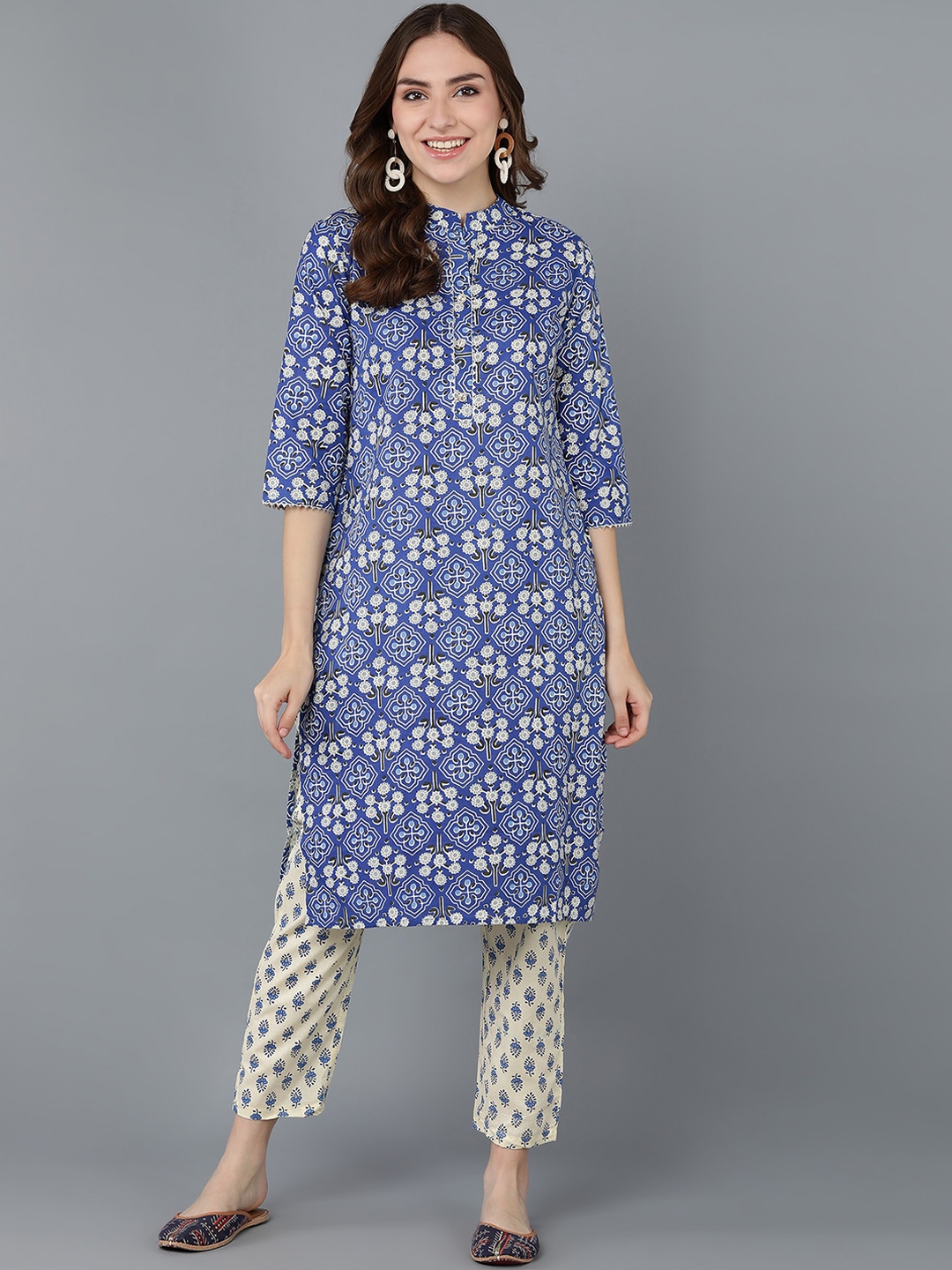 

kipek Women Ethnic Motifs Printed Pure Cotton Kurta with Trouser, Blue
