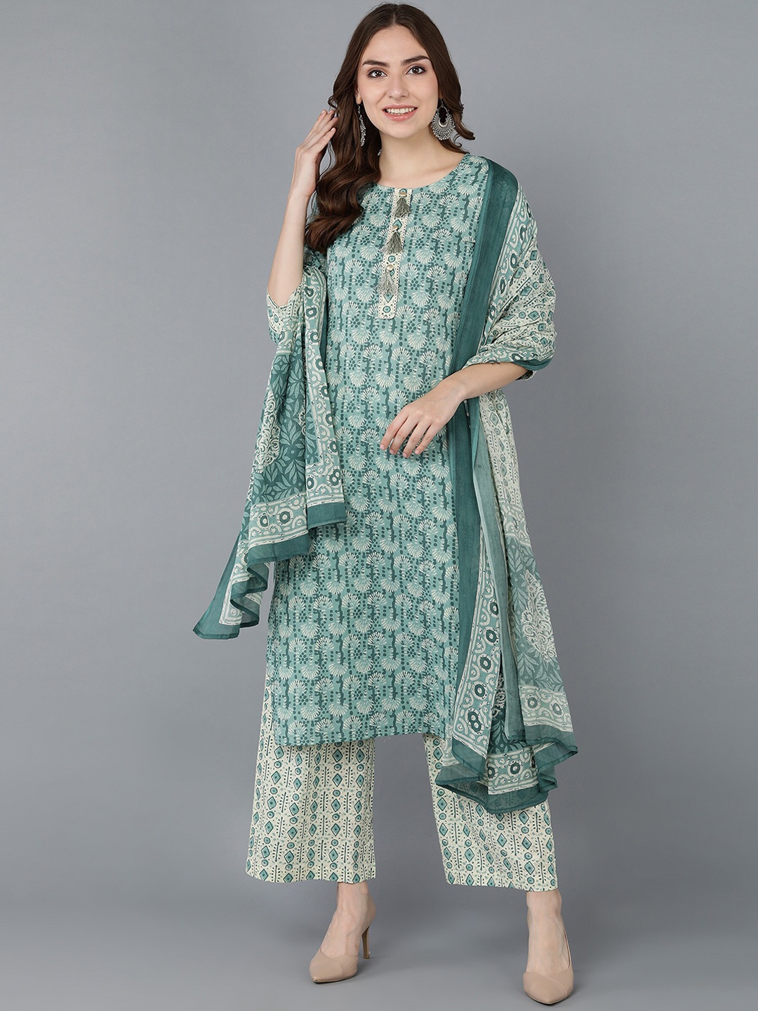 kipek Women Ethnic Motifs Printed Pure Cotton Kurta with Palazzos & With Dupatta, Green