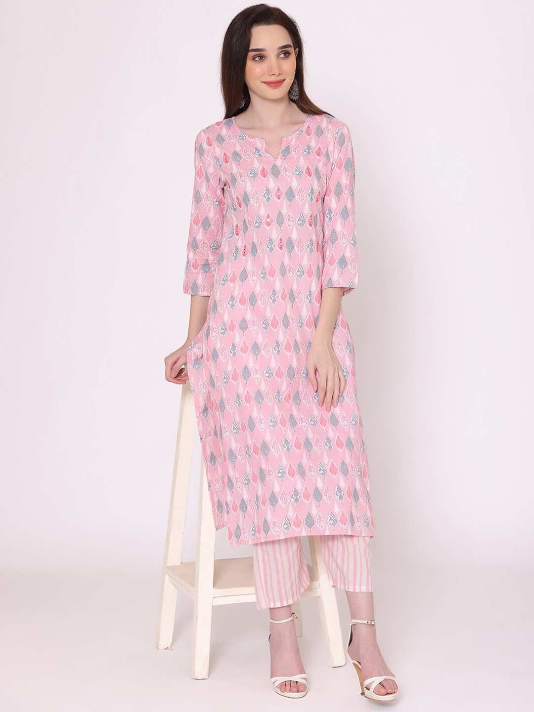 

KALINI Women Printed Pure Cotton Kurta with Trouser, Pink