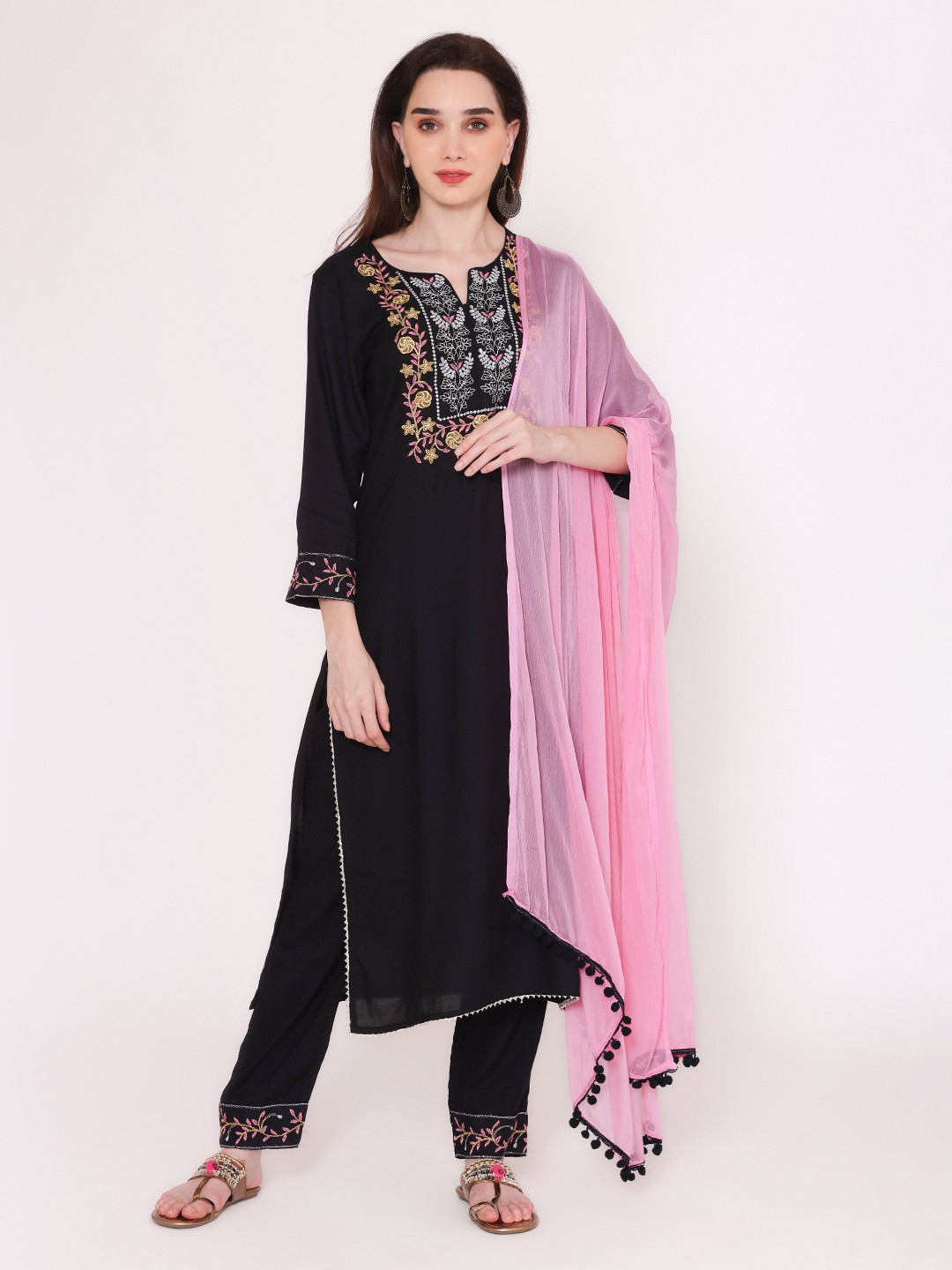 

KALINI Women Floral Yoke Design Thread Work Kurta with Trousers, Black