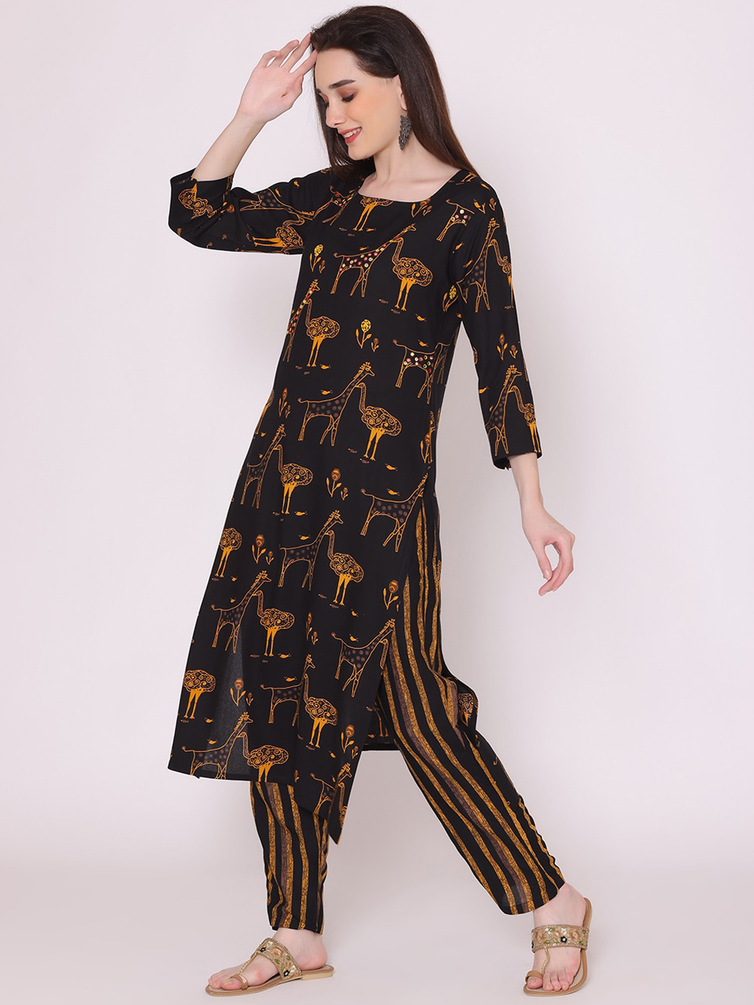 

KALINI Women Black Animal Printed Kurta with Trousers