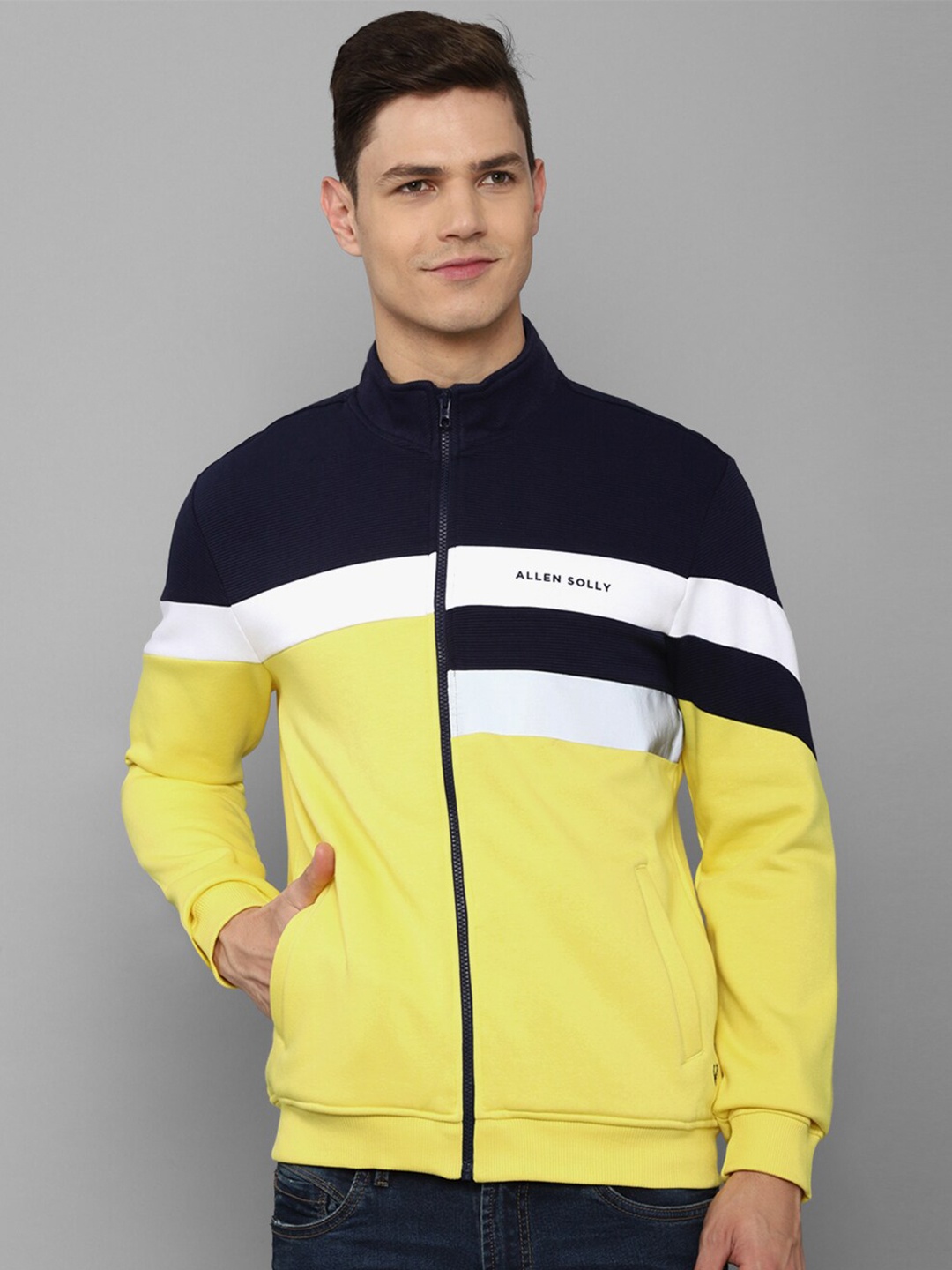 

Allen Solly Men Yellow Colourblocked Cotton Sweatshirt