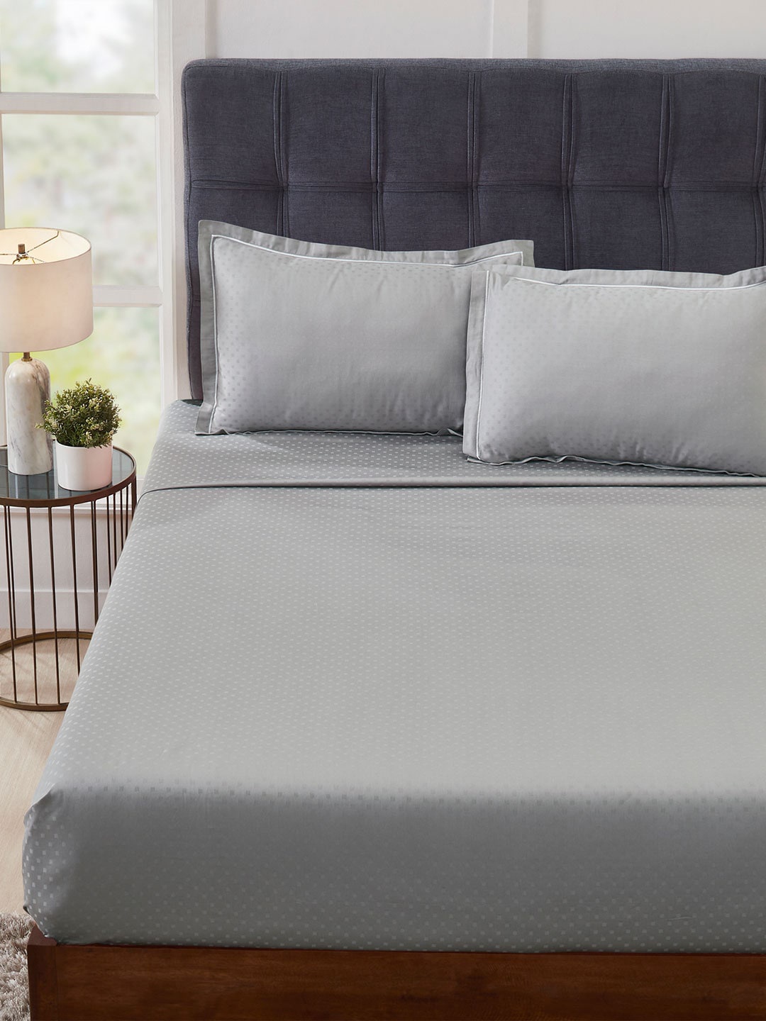 

MYTRIDENT Geometric 300 TC King Cotton Bedsheet with 2 Pillow Covers, Grey