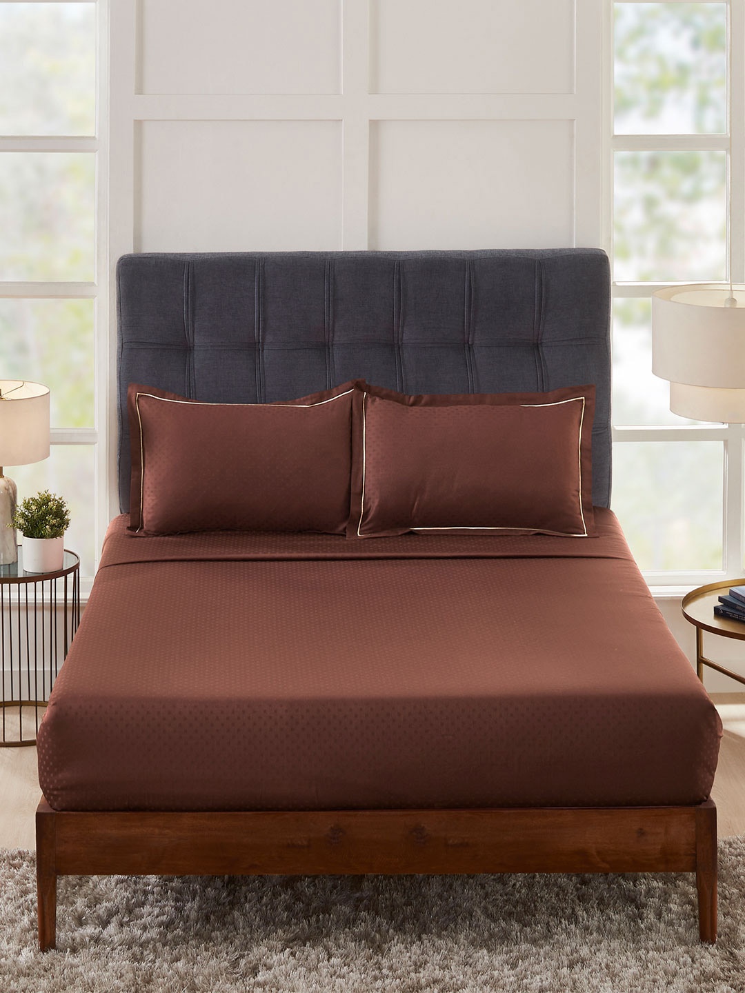 

MYTRIDENT Geometric 300 TC Cotton King Bedsheet with 2 Pillow Covers, Brown