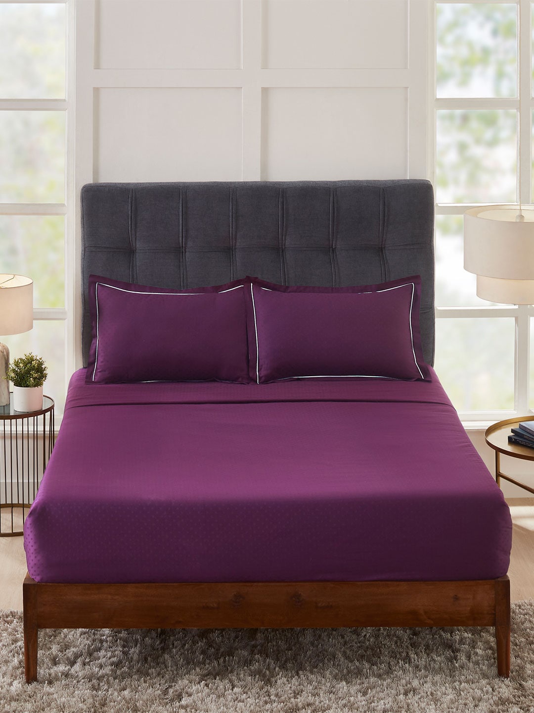 

MYTRIDENT Geometric 300 TC King Cotton Bedsheet with 2 Pillow Covers, Purple