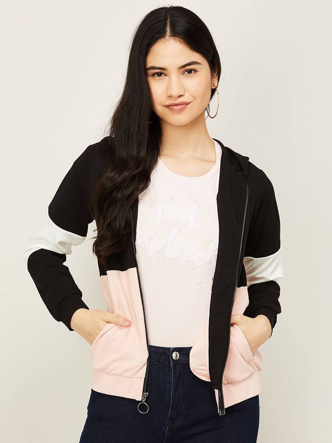 

Fame Forever by Lifestyle Women Pink Colourblocked Hooded Cotton Sweatshirt