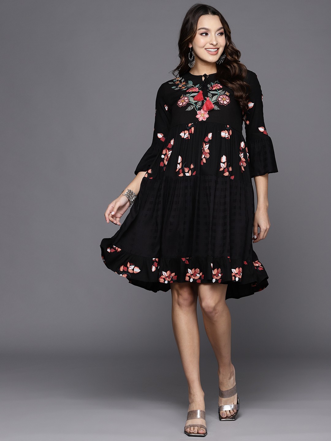 

Indo Era Floral Embroidered Bell Sleeves Tie-Up Neck A-Line Ethnic Dress, Black