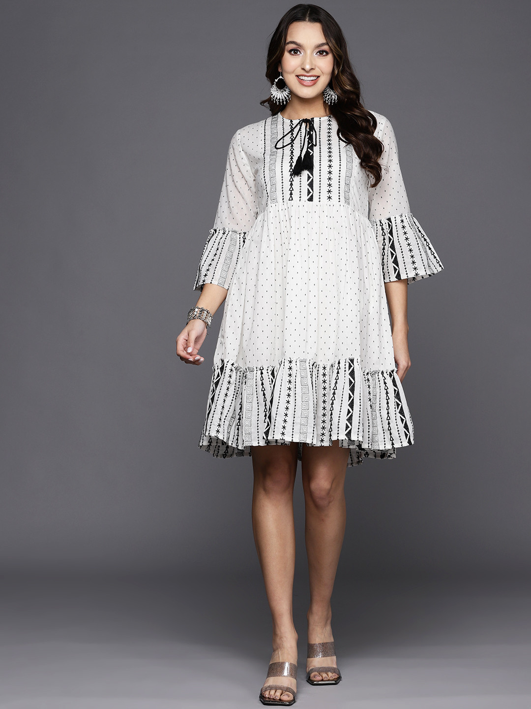 

Indo Era Tie-Up Neck Bell Sleeves A-Line Ethnic Dress, White