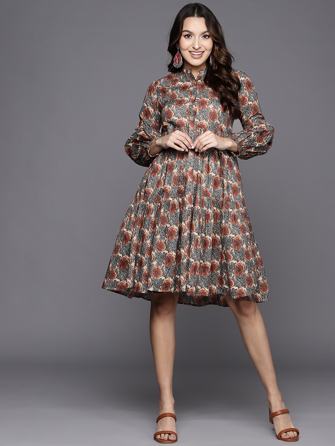 

Indo Era Ethnic Motifs Puff Sleeves Mandarin Collar A-Line Ethnic Dress, Multi