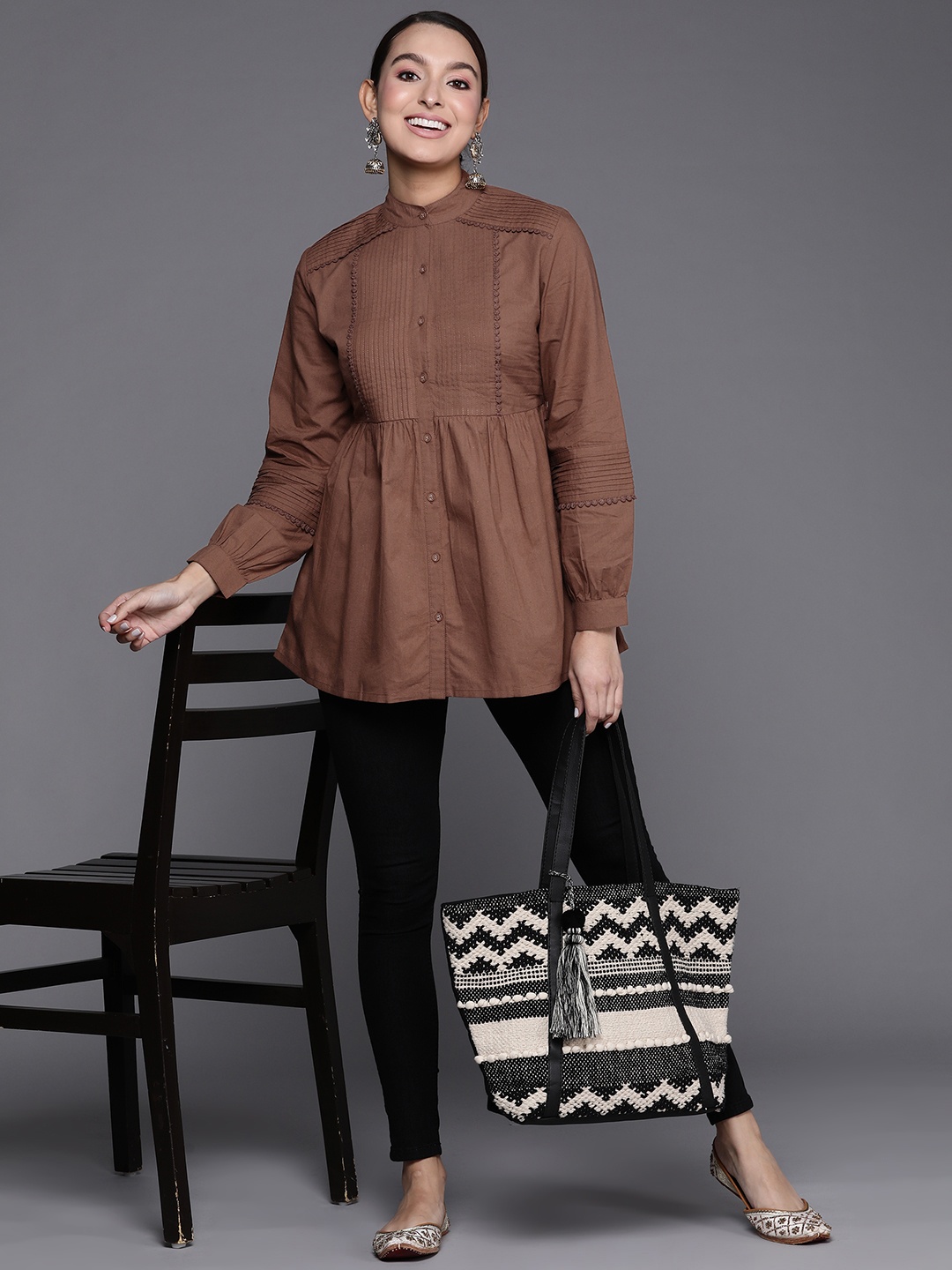 

Indo Era Mandarin Collar Tunic, Brown