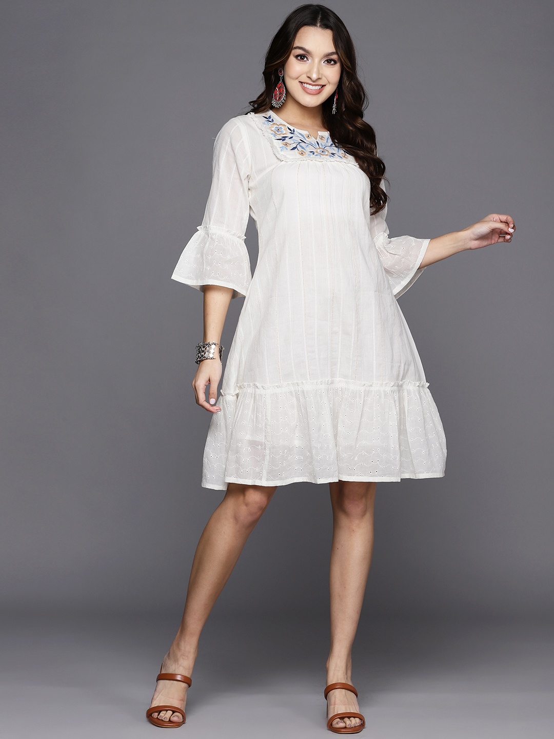 

Indo Era Floral Embroidered Bell Sleeves A-Line Ethnic Dress, White