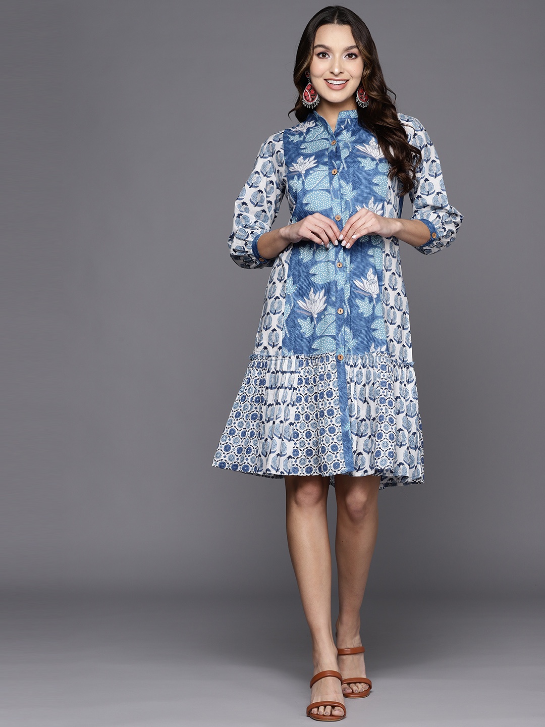 

Indo Era Floral Print Mandarin Collar Tiered A-Line Ethnic Dress, Blue