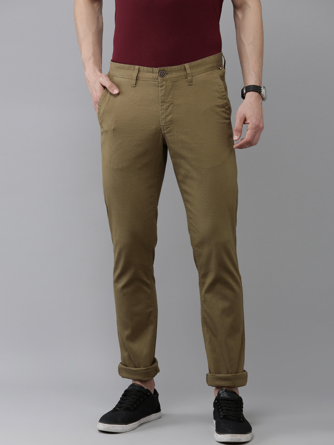 

Van Heusen Sport Men Self Design Textured Slim Fit Trousers, Brown