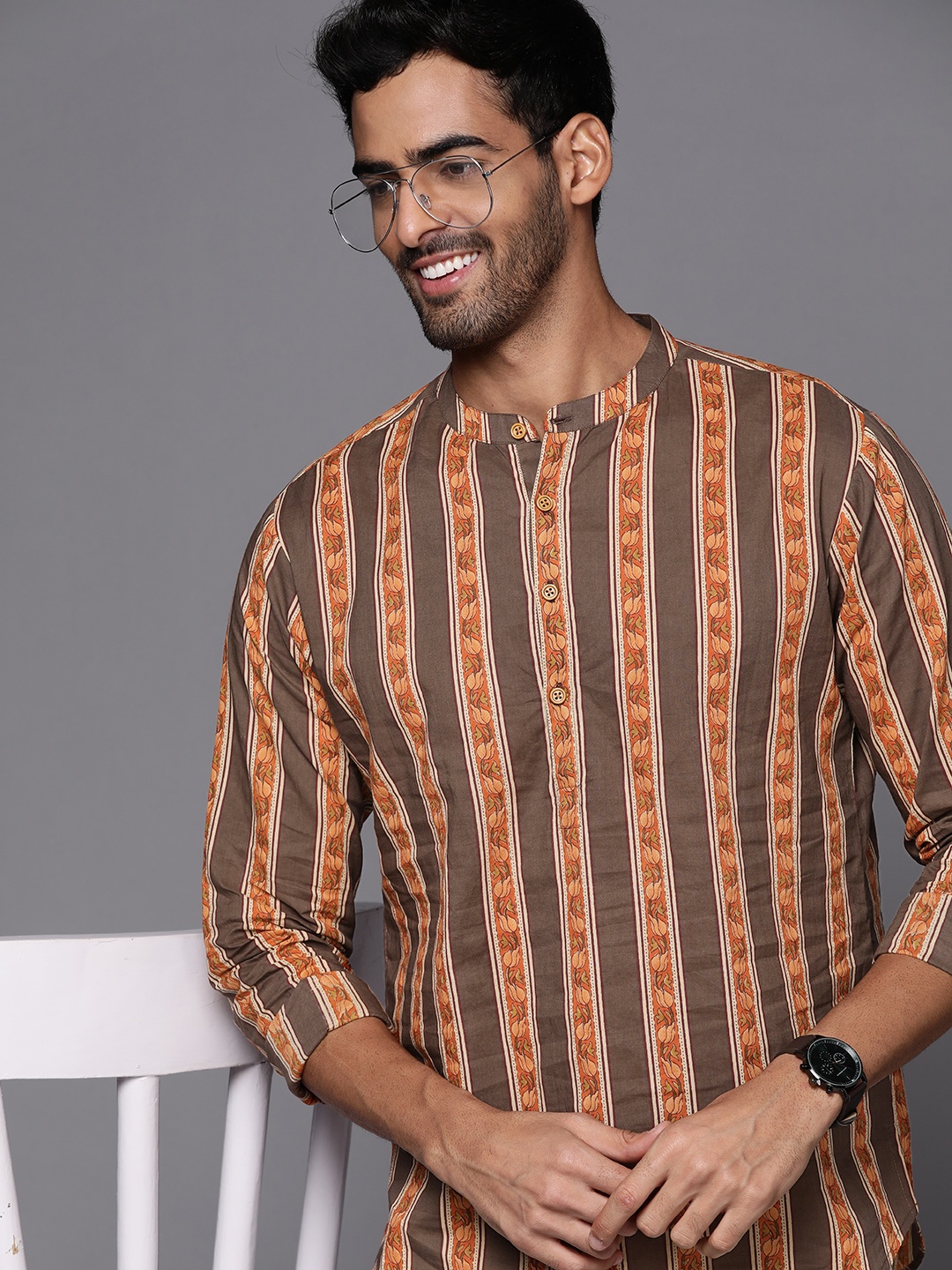 

Indo Era Men Brown & Orange Striped Cotton Kurta