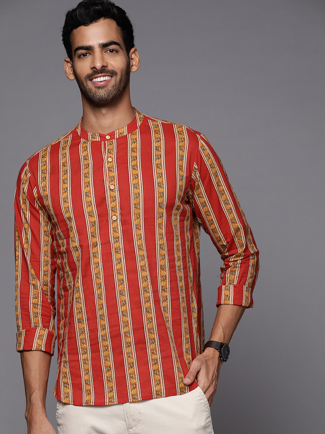 

Indo Era Men Red & Yellow Pure Cotton Striped Floral Printed Kurta