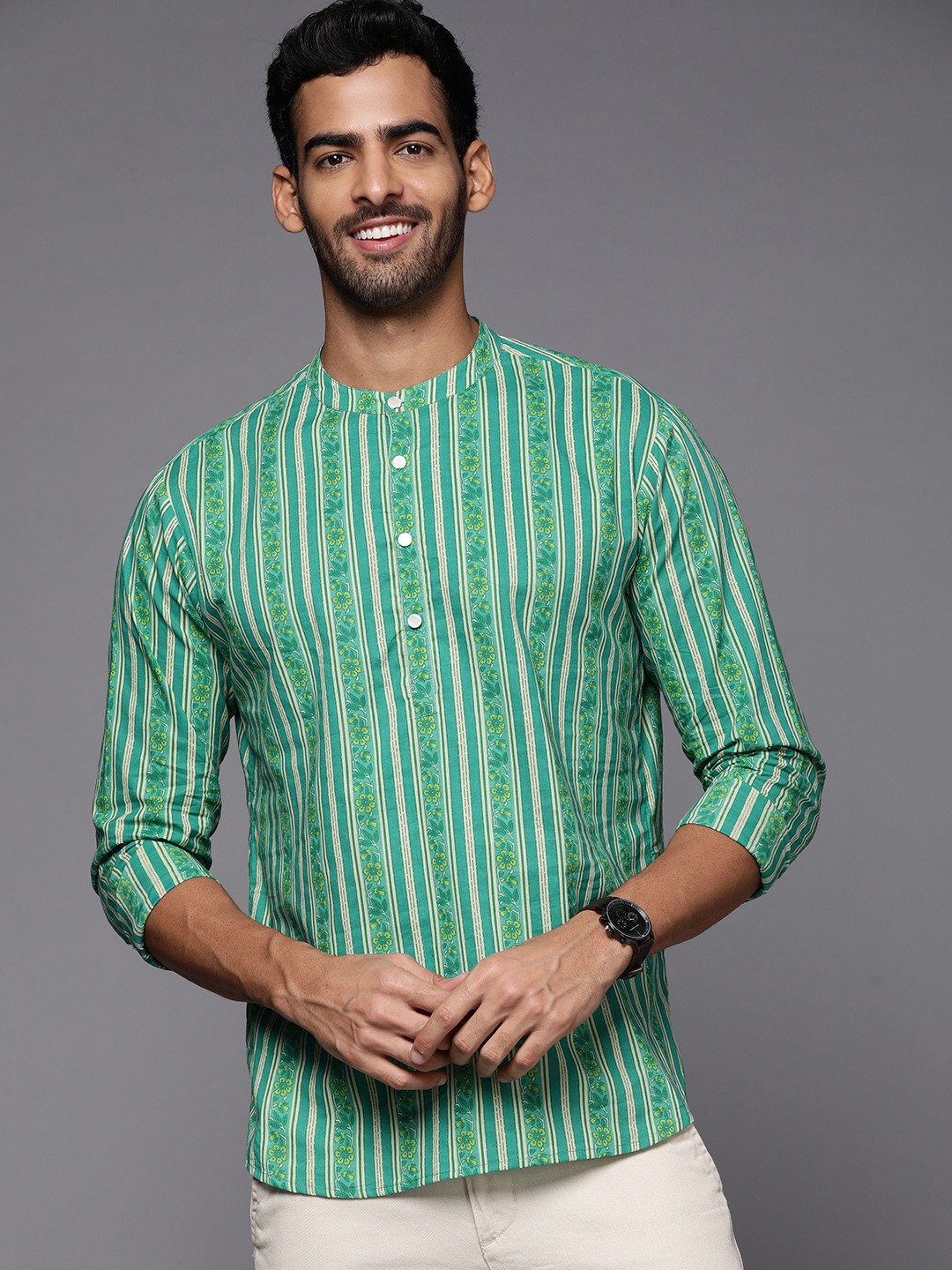 

Indo Era Men Green Pure Cotton Striped Floral Printed Kurta