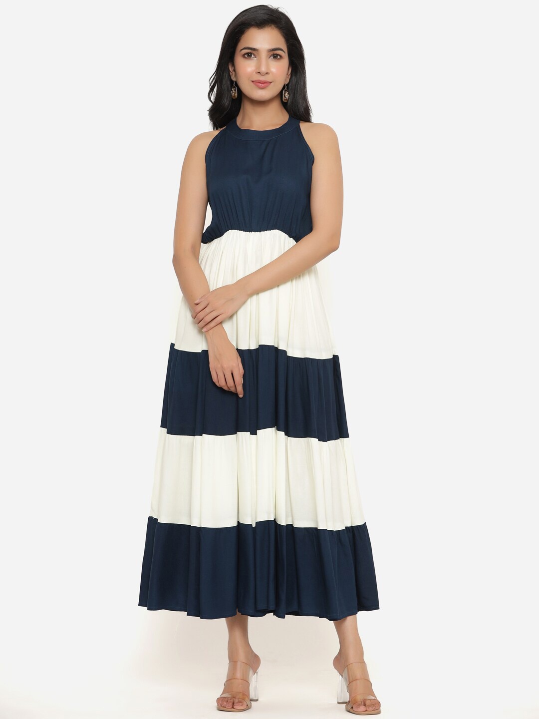

PURSHOTTAM WALA Teal Blue & White Colourblocked Halter Neck Maxi Dress