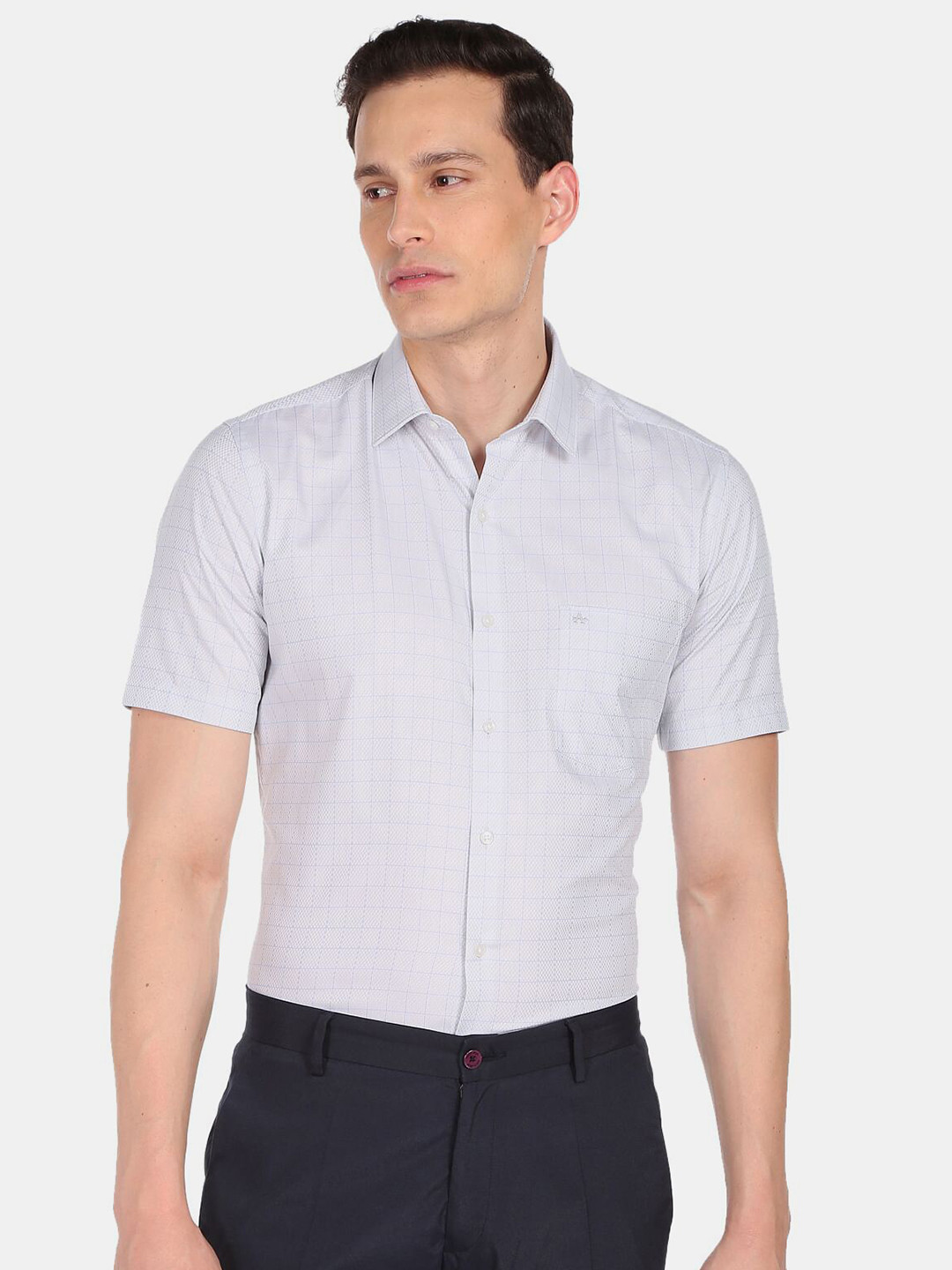 

Arrow Men Grey Grid Tattersall Checks Checked Cotton Formal Shirt
