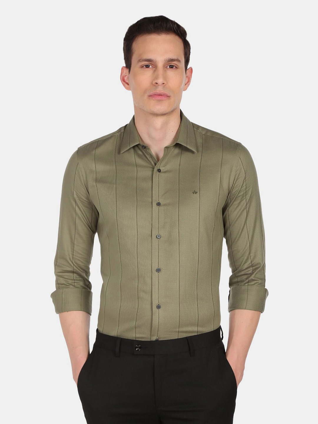 

Arrow New York Men Olive Green Vertical Stripes Slim Fit Pure Cotton Formal Shirt