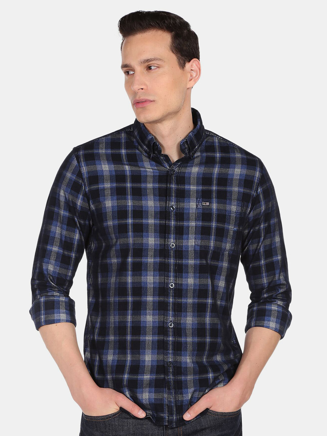 

Arrow Sport Men Blue Slim Fit Tartan Checked Casual Cotton Shirt, Navy blue