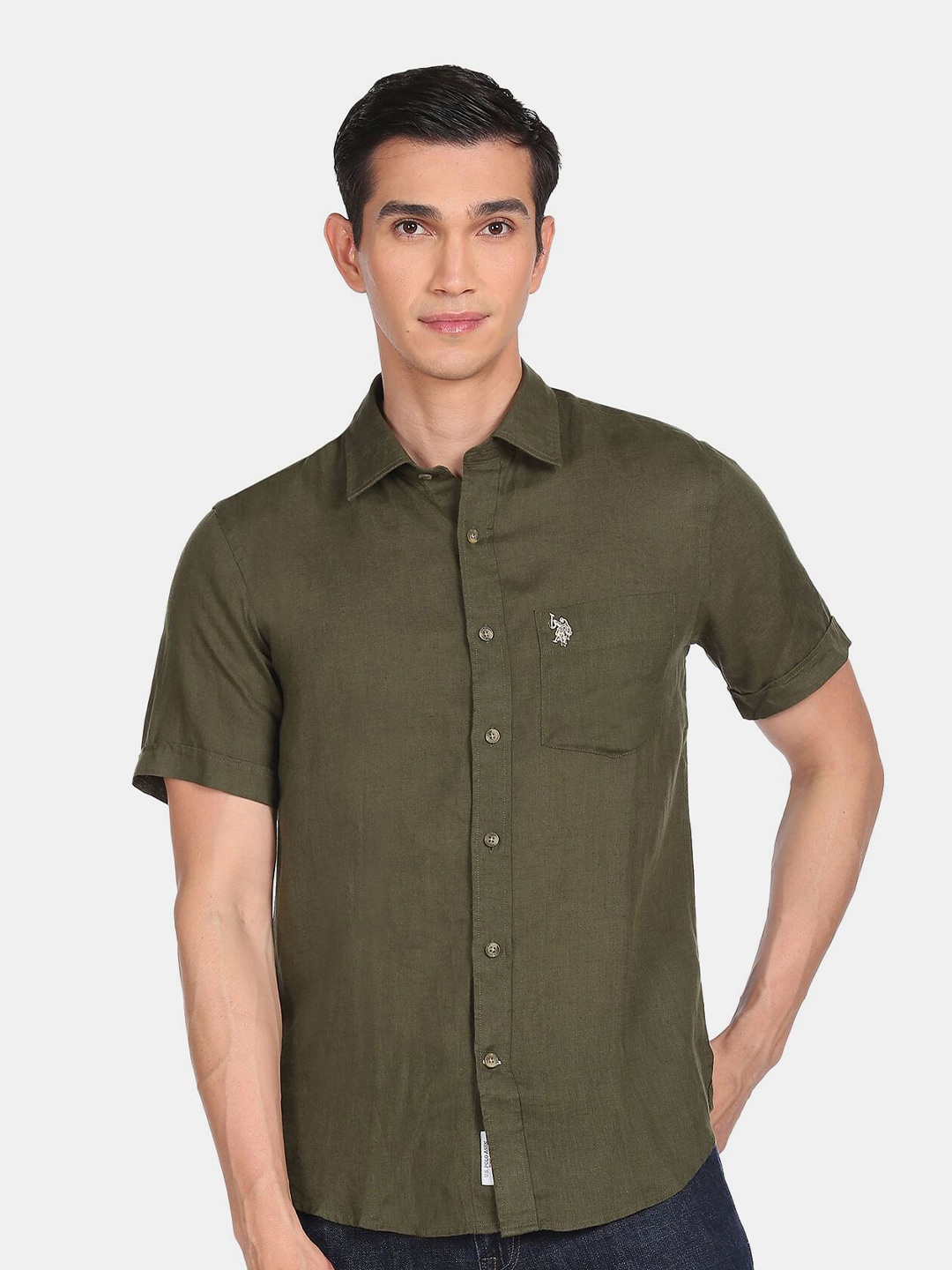 

U S Polo Assn Men Green Casual Linen Shirt