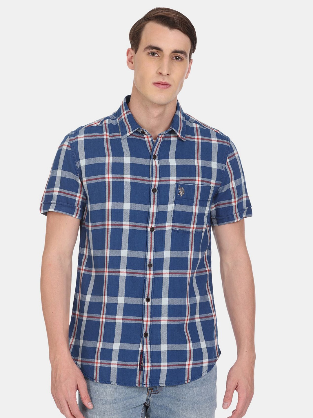 

U S Polo Assn Denim Co Men Blue Tartan Check Regular Fit Cotton Casual Shirt