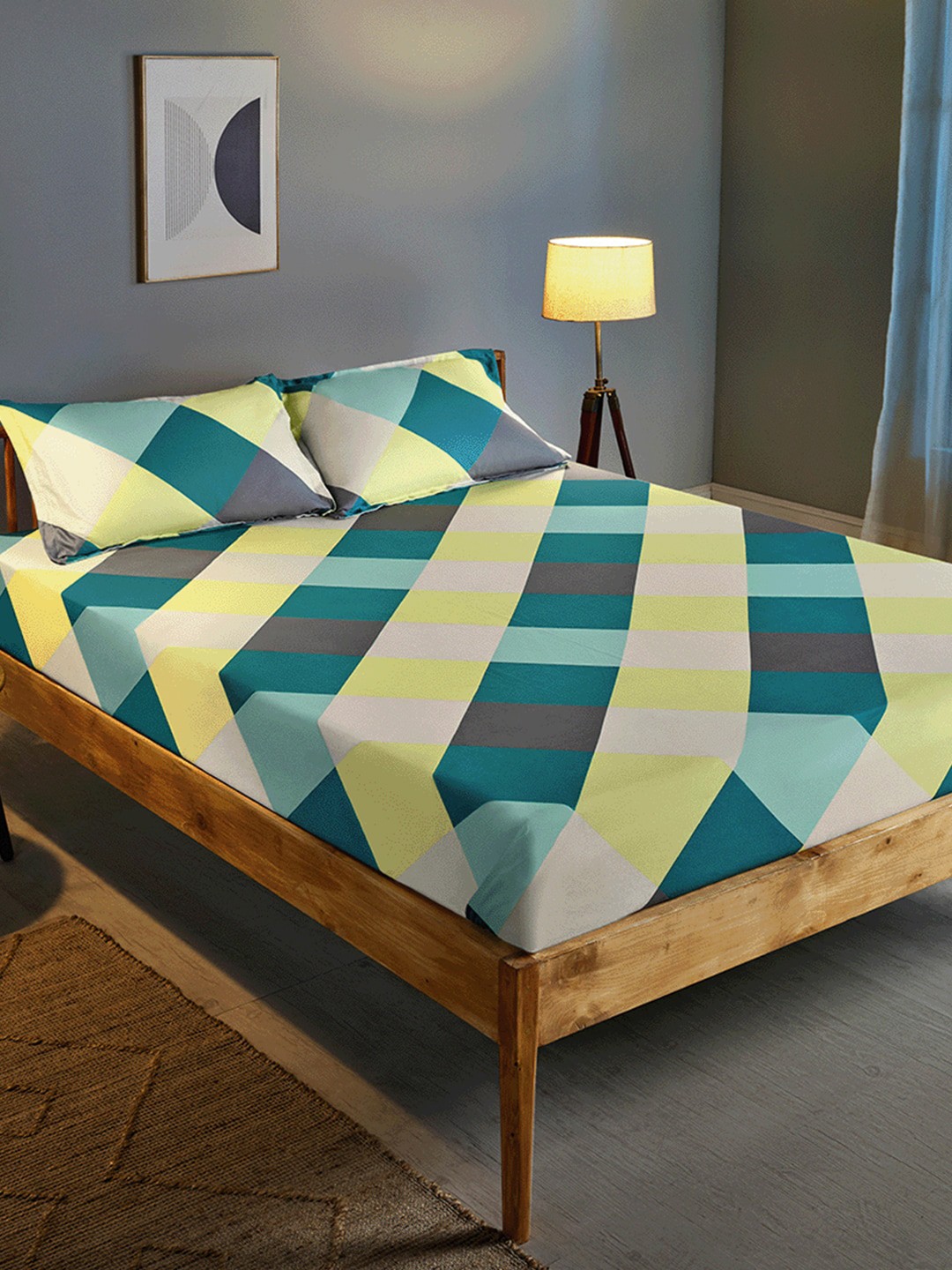 

Sleepyhead Geometric 144 TC Cotton Queen Bedsheet with 2 Pillow Covers, Green