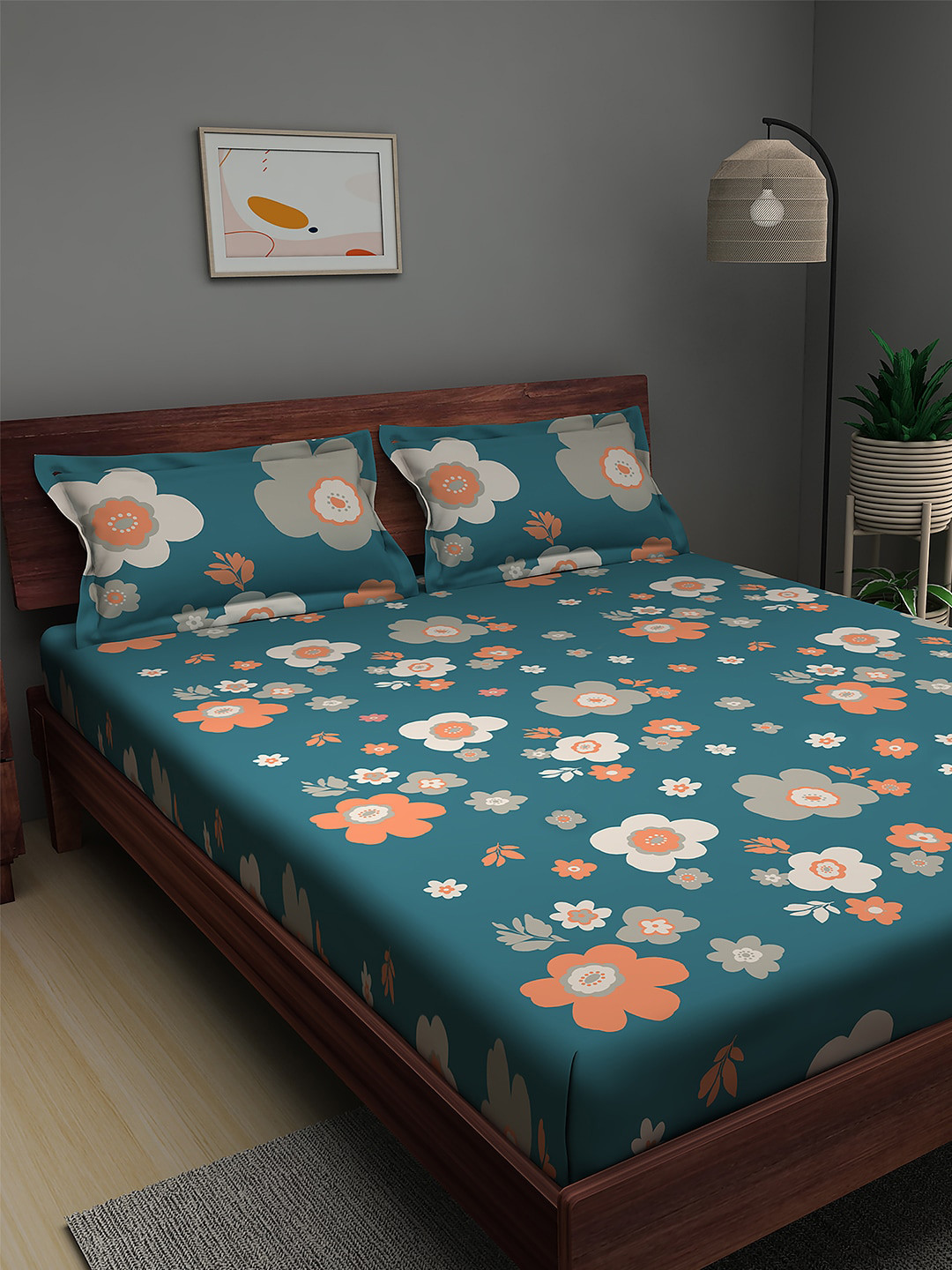 

Sleepyhead Floral 180 TC Queen Cotton Bedsheet with 2 Pillow Covers, Teal