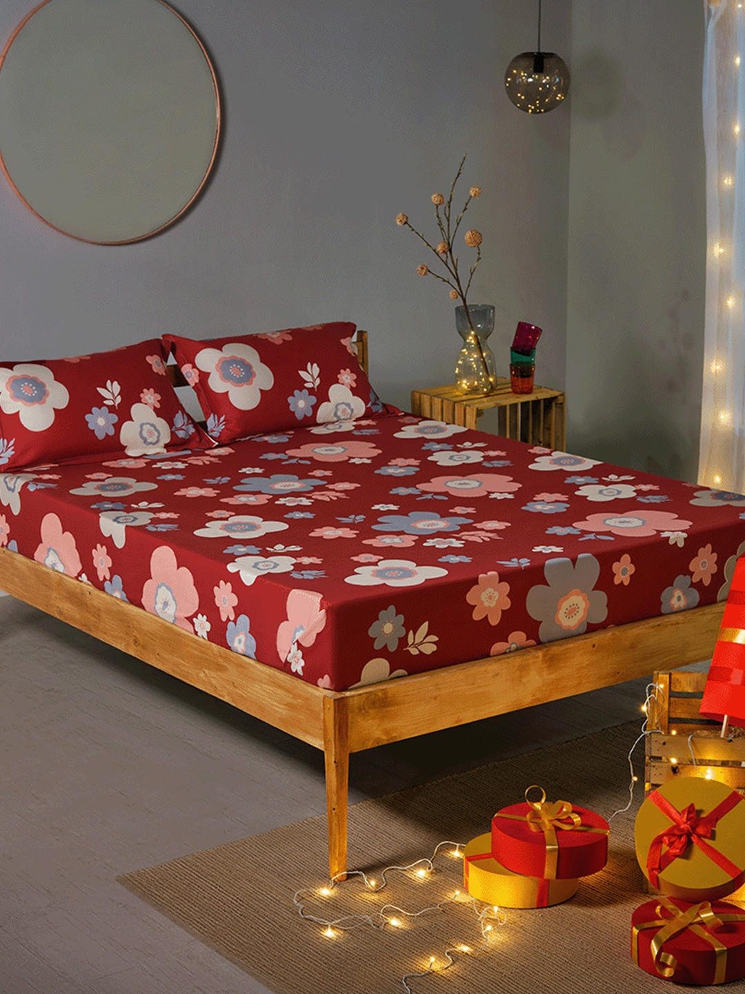 

Sleepyhead Floral 180 TC Queen Cotton Bedsheet with 2 Pillow Covers, Maroon