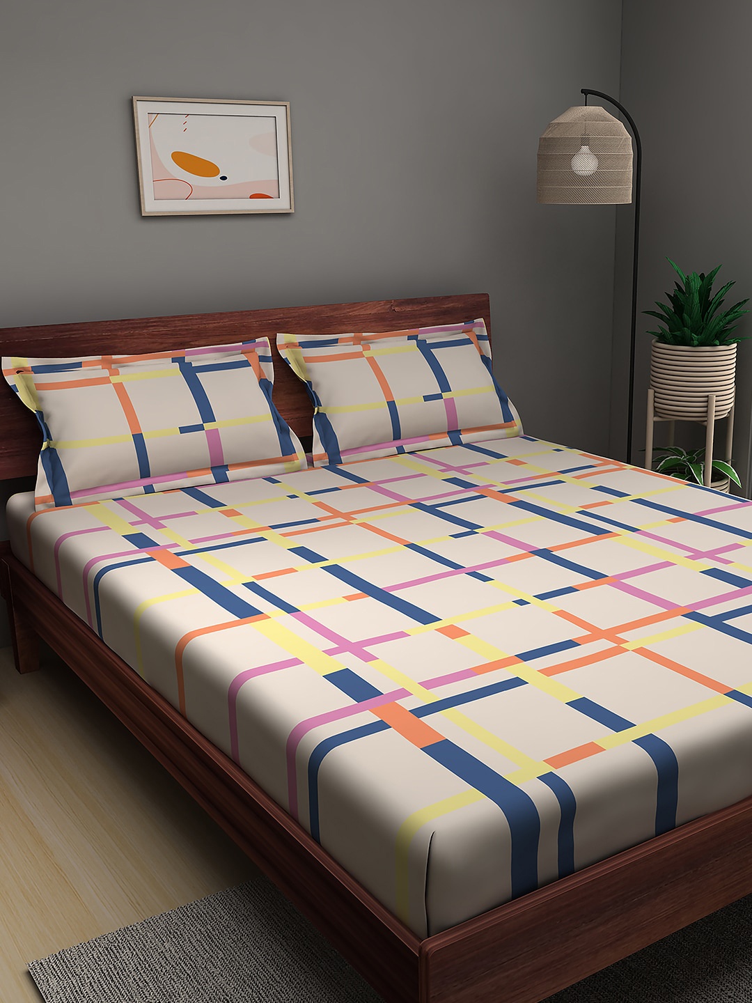 

Sleepyhead Geometric 144 TC 100% Cotton Queen Bedsheet with 2 Pillow Covers, Cream