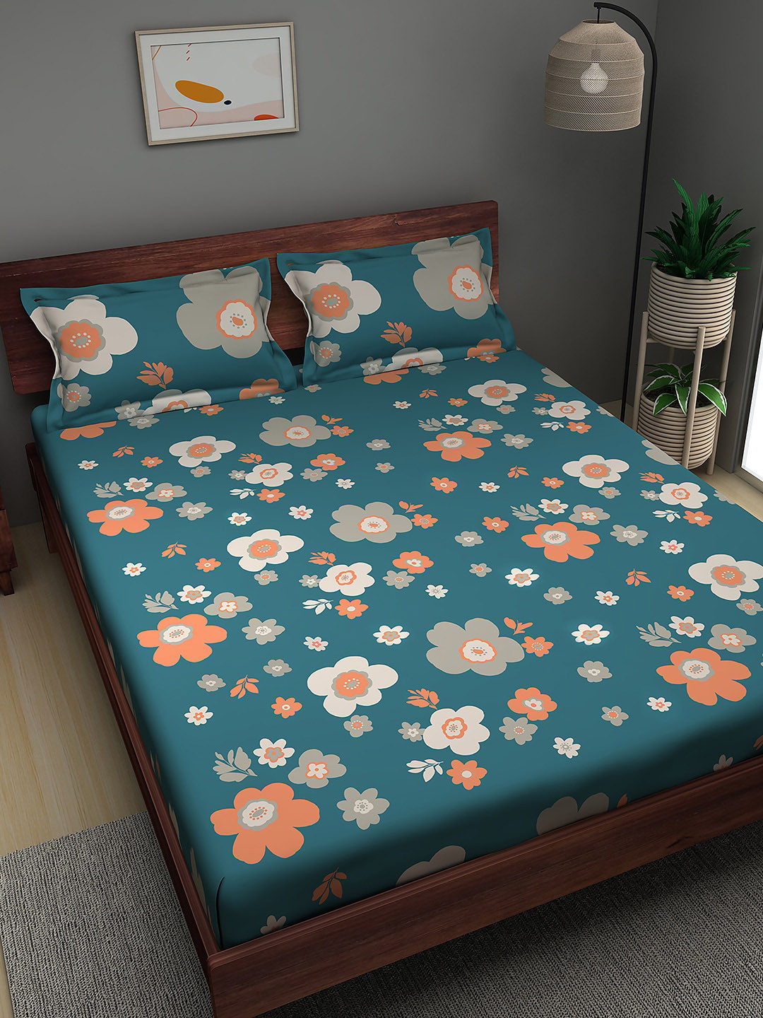

Sleepyhead Floral 180 TC King Cotton Bedsheet with 2 Pillow Covers, Teal