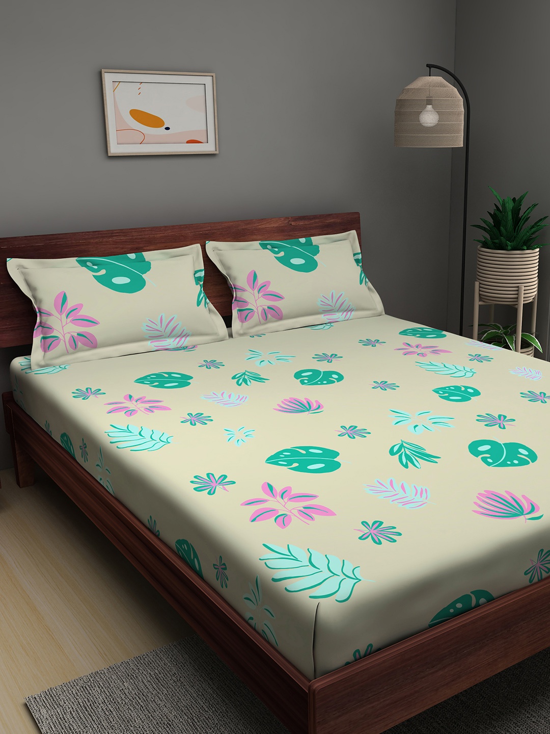

Sleepyhead Cream-Coloured & Green Floral 180 TC King Bedsheet with 2 Pillow Covers