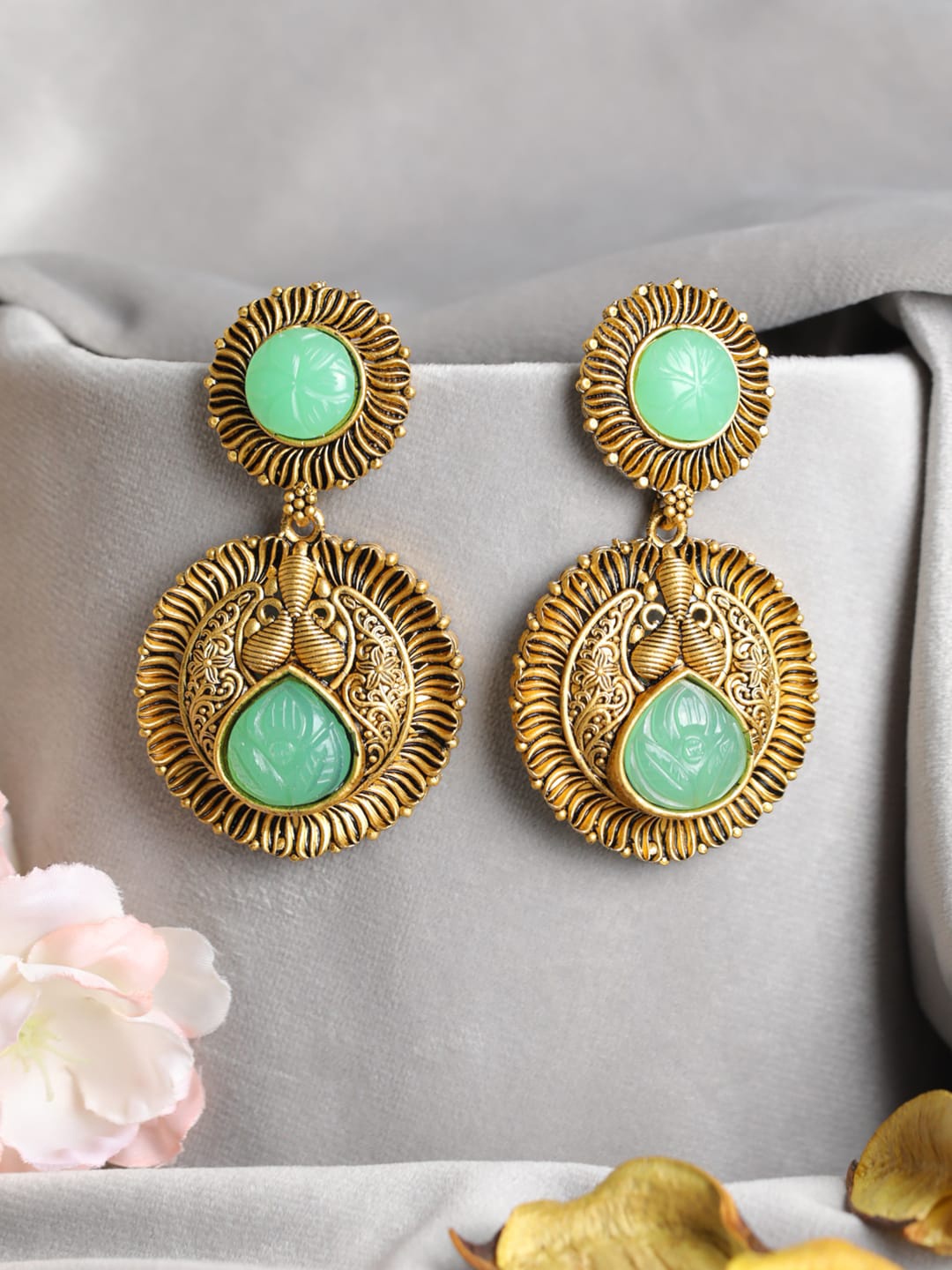 

Priyaasi Contemporary Green & Gold-Plated Drop Earrings