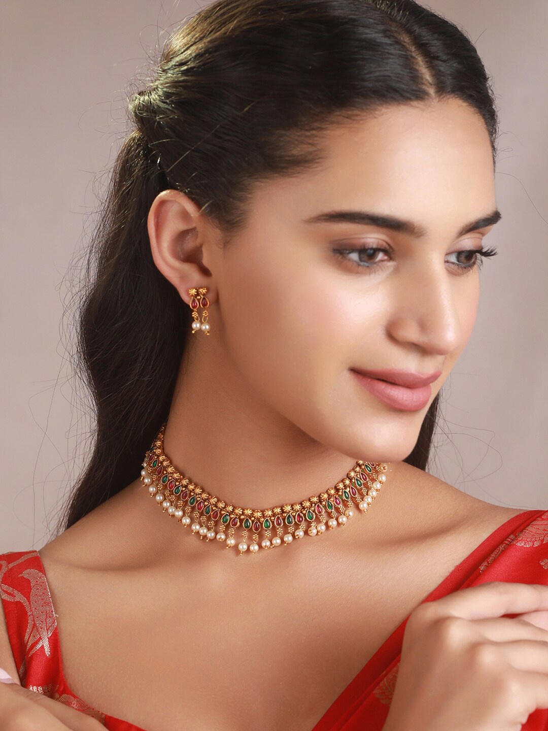 Priyaasi Gold-Plated Stone Studded & Beaded Jewellery Set